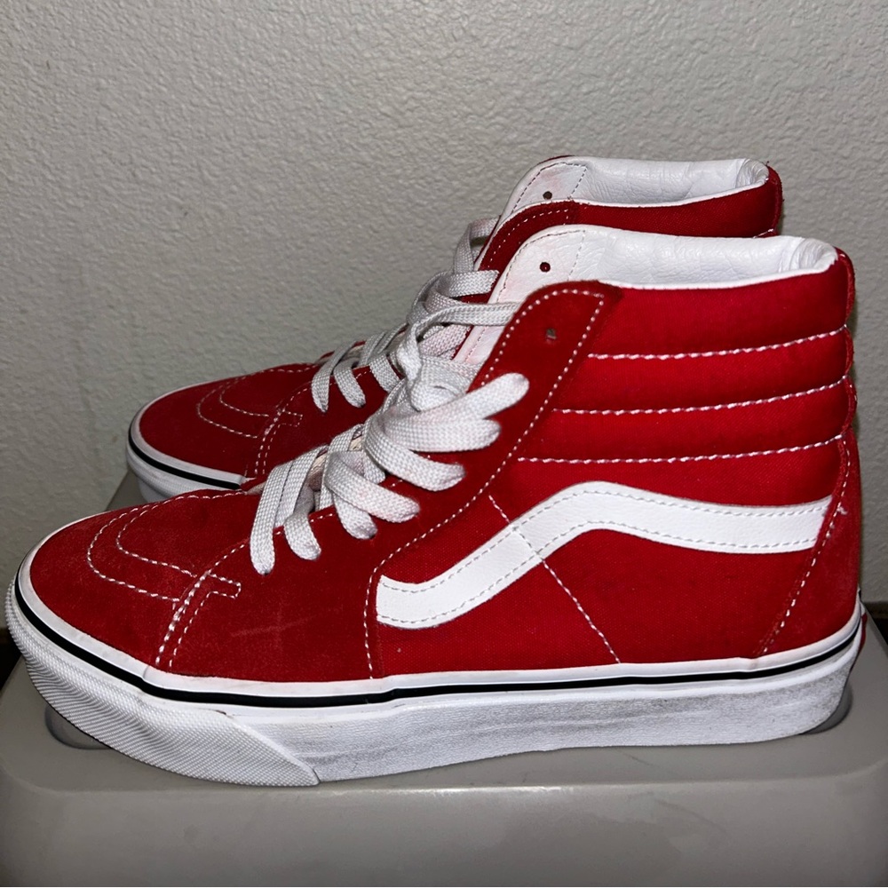 Bright Red and White High Top Old Skool Vans